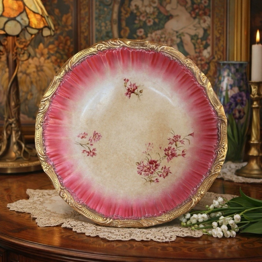 Antique Pink Floral Plate Gold Gilt Rim Victorian Art Nouveau Charger - Picture 1 of 8